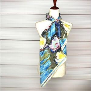 Water Lilies by MONET Scarf Vintage Silk Satin Square  Hand Rolled Blue Yellow